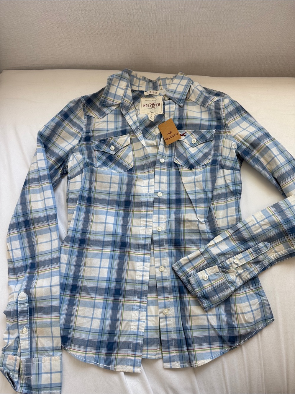Hollister Light Blue & White Plaid Western Shirt